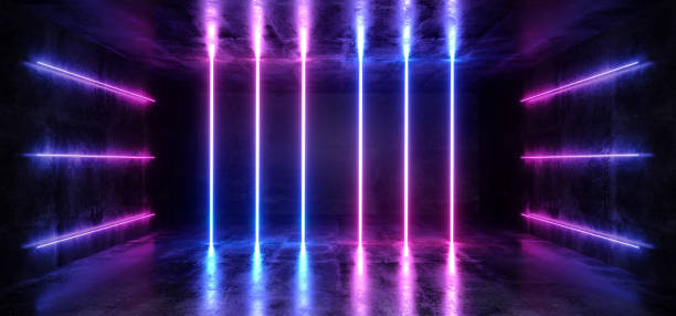 istock Dark Empty Virtual Vibrant Fluorescent Neon Glowing Purple Blue Vertical Horizontal Line Shaped Laser Lights  Reflection Grunge Concrete Room Rough Texture 3D Rendering 1138913367