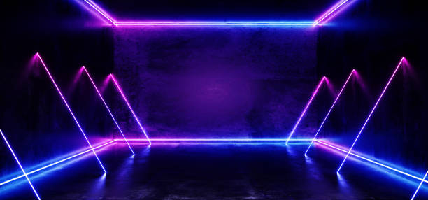 istock Dark Empty Virtual Vibrant Fluorescent Neon Glowing Purple Blue Vertical Horizontal Line Shaped Laser Lights  Reflection Grunge Concrete Room Rough Texture 3D Rendering 1138913416