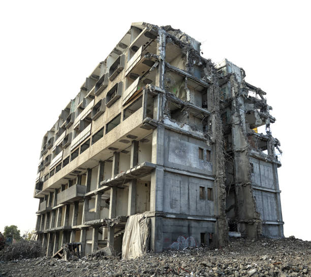 Destroyed concrete building in city