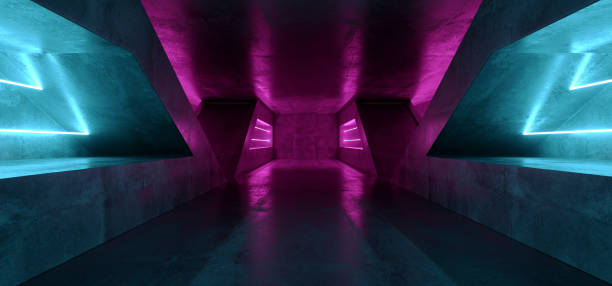 istock Sci Fi Futuristic Vibrant Purple Blue Virtual Reality Laser Alien Ship Space Empty Dark Tunnel Corridor Asphalt Grunge Concrete Reflection Neon Room Garage Hall 3D Rendering 1138913510