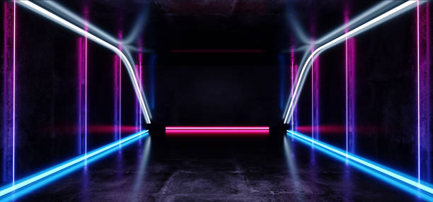 istock Virtual Reality Neon Glowing Sci Fi Futuristic Spaceship Dark Empty Tunnel Corridor Fluorescent Vibrant Purple Blue Grunge Concrete Reflective Track Underground Garage 3D Rendering 1138913521