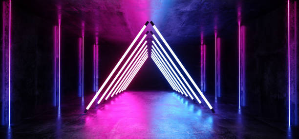 istock Virtual Reality Triangle Neon Glowing Sci Fi Futuristic Spaceship Dark Empty Tunnel Corridor Fluorescent Vibrant Purple Blue Grunge Concrete Reflective Track Underground Garage 3D Rendering 1138913533