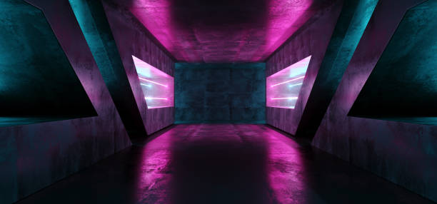 istock Sci Fi Futuristic Vibrant Purple Blue Virtual Reality Laser Alien Ship Space Empty Dark Tunnel Corridor Asphalt Grunge Concrete Reflection Neon Room Garage Hall 3D Rendering 1138913566