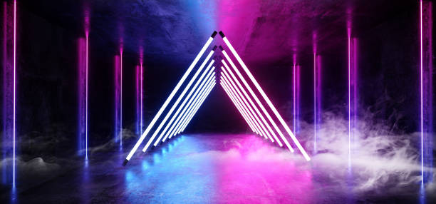 istock Smoke Dark Empty Virtual Vibrant Fluorescent Neon Glowing Purple Blue Triangle Line Shaped Gate Stage Laser Lights  Reflection Grunge Concrete Room Rough Texture 3D Rendering 1138913653