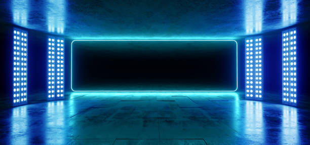 istock Virtual Reality Neon Glowing Sci Fi Futuristic Spaceship Dark Empty Tunnel Corridor Fluorescent Vibrant Blue Grunge Concrete Reflective Track Underground Garage 3D Rendering 1138913771