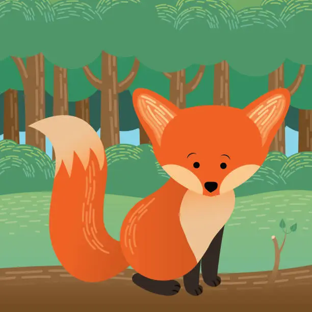 Vector illustration of Cartoon Forest Scene with Cute Fox