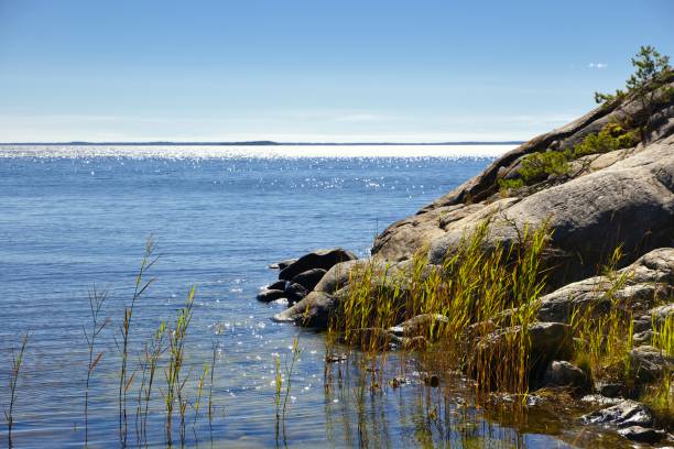 stockholmer archipel, sonniger sommertag mit blauem himmel - stockholmer archipel stock-fotos und bilder