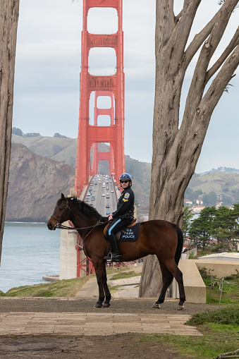 Park police are on horseback by the Golden Gate bridge San Francisco Ca. 03/28/2019 on a overcast day