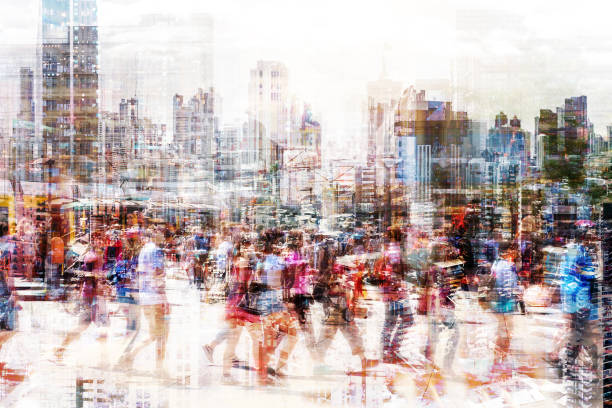 tłum anonimowych ludzi chodzących po ruchliwej ulicy miejskiej - abstrakcyjna koncepcja życia w mieście - defocused crowd blurred motion business zdjęcia i obrazy z banku zdjęć