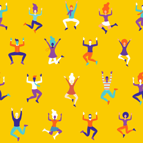 Fun Celebrating People Seamless Pattern A funky seamless pattern of cheering and celebrating women characters. File is built in RGB for the brightest possible colours but can easily be converted to CMYK. mens and womens fashion stock illustrations