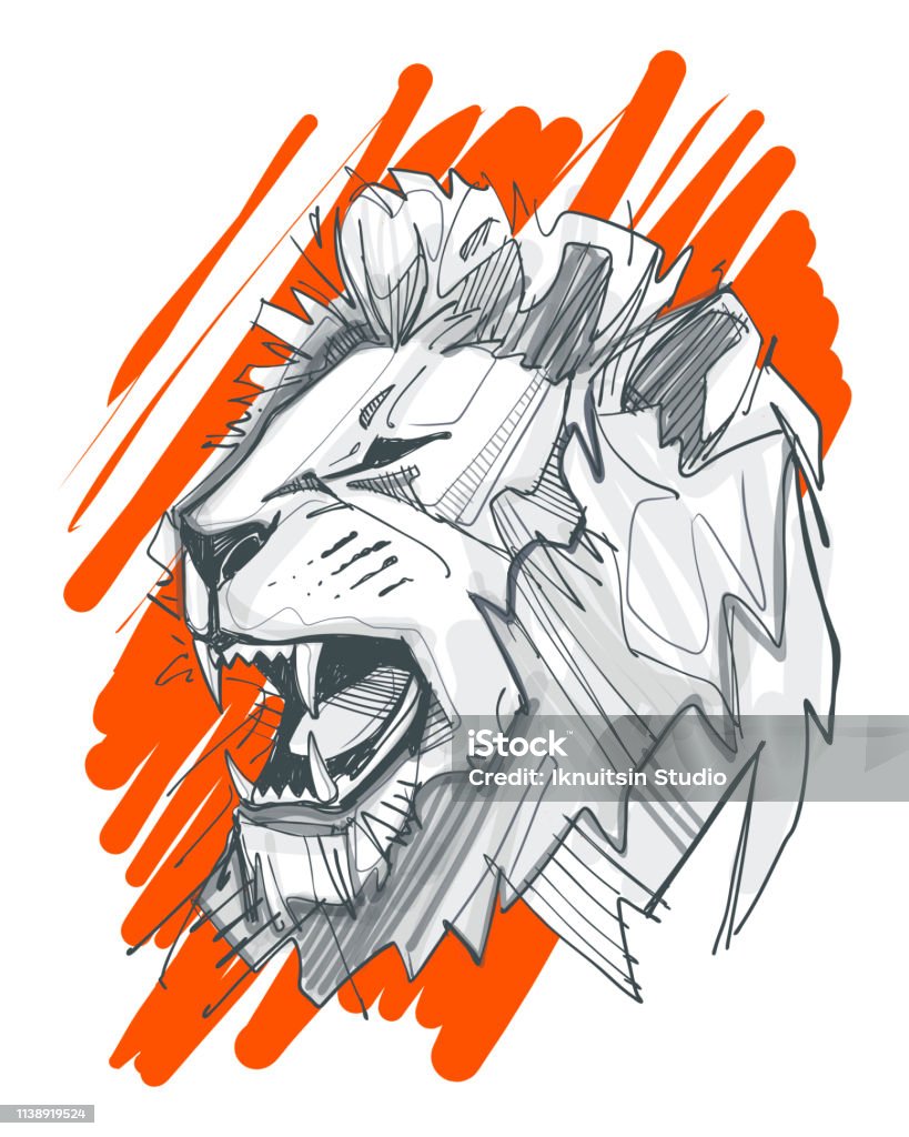 Lion face ink digital illustration Hand drawn vector ink illustration or drawing of a lion head Lion - Feline stock vector