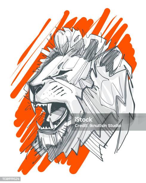 Lion Face Ink Digital Illustration Stock Illustration - Download Image Now - Lion - Feline, Logo, Art