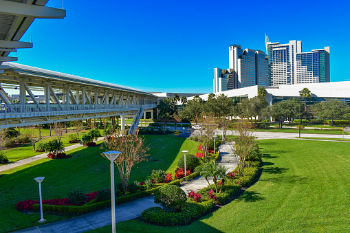 Orlando, Florida. January 12, 2019. Panoramic view of Hyatt Regency and bridge in Convention Center area at International Drive area .