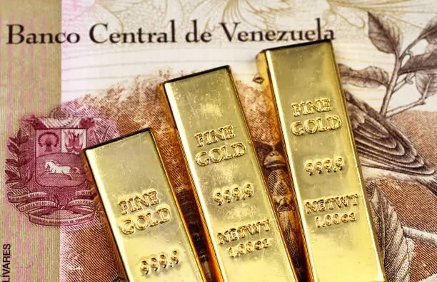 Photo of A Venezuelan 100 Bolivares bank note with three gold bars