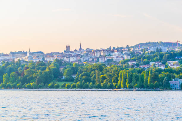 swiss city lausanne viewed from the geneva lake - geneva canton imagens e fotografias de stock