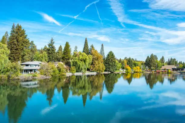 Photo of Houses along Mirror Pond on Deschutes River downtown Bend Oregon