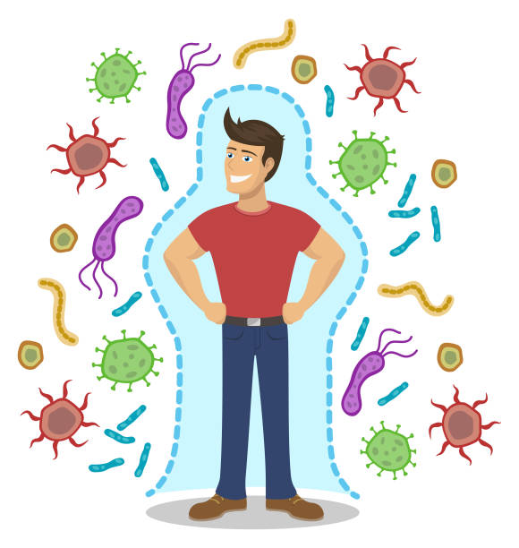 ilustrações, clipart, desenhos animados e ícones de homem saudável - virus human immune system bacterium flu virus