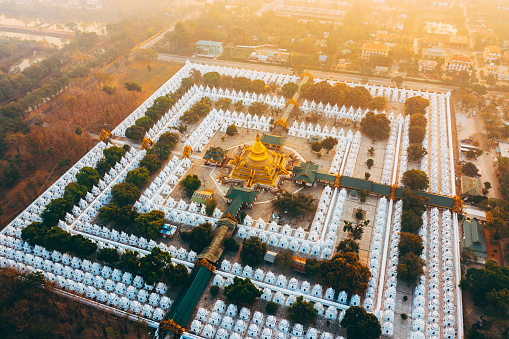 Scenic aerial view of Sandamuni Pagoda in Mandalay  at sunrise