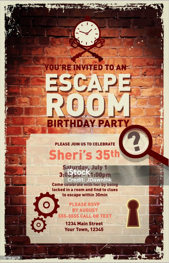 escape-room-birthday-party-feier-einladung-designvorlage-stock-vektor