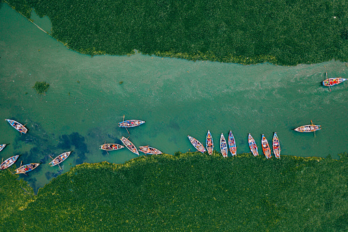 Scenic aerial view of boats on Inle lake in Myanmar