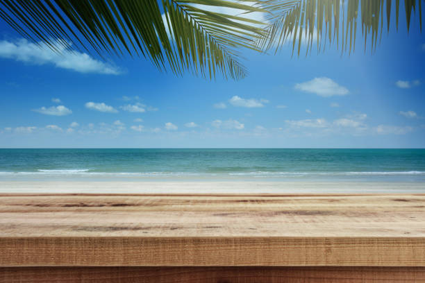 istock Tropical beach background with palm tree and empty wooden, Summer. 1138946787