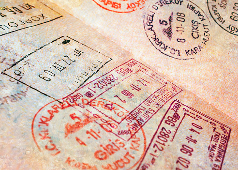 Passport page with border stamps - tourism background