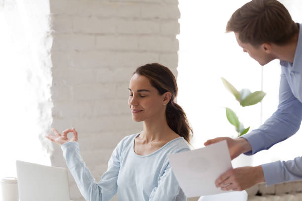 istock Female office worker keep calm when angry boss shout 1138947320