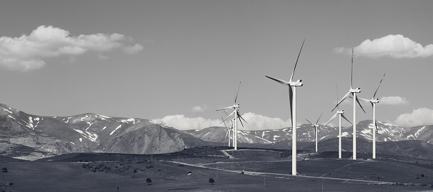Panoramic view on wind farm in Turkey at sun spring day. Black and white toned landscape.