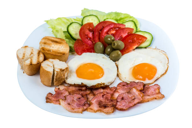 istock breakfast fried egg fresh vegetables fried bacon and olives on a white plate isolated 1138947746