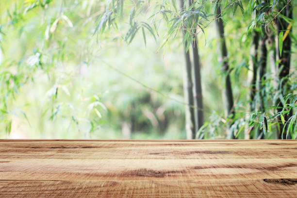 istock Empty wooden and blurred nature bamboo forest background. 1138949250