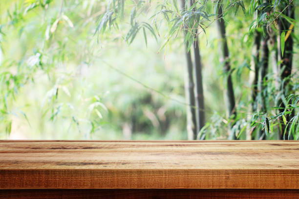 istock Empty wooden and blurred nature bamboo forest background. 1138955074