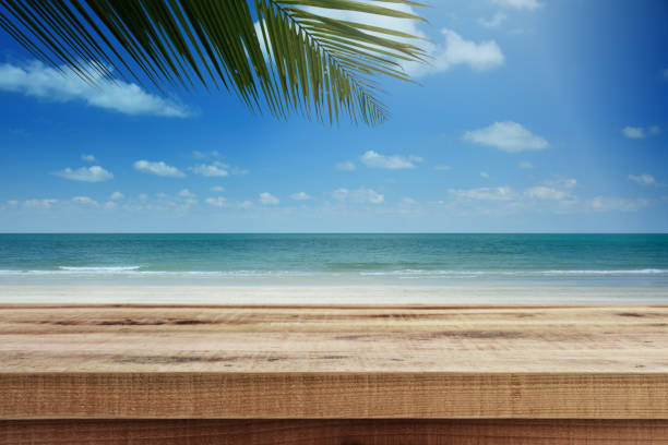 istock Beach background with palm tree and empty wooden, Summer. 1138955193