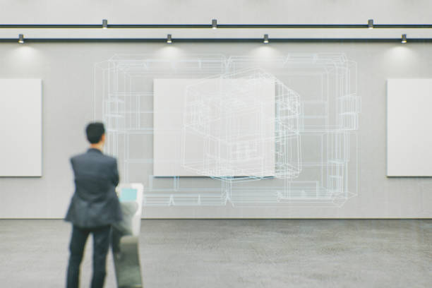 istock Futuristic art gallery with projected artwork in 3D space 1138965473