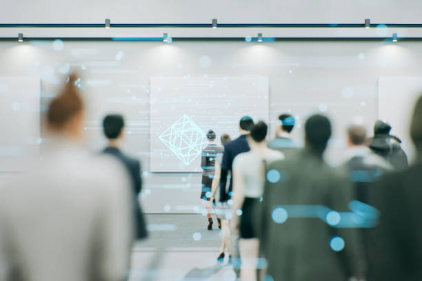 Futuristic art gallery with projected artwork in 3D space