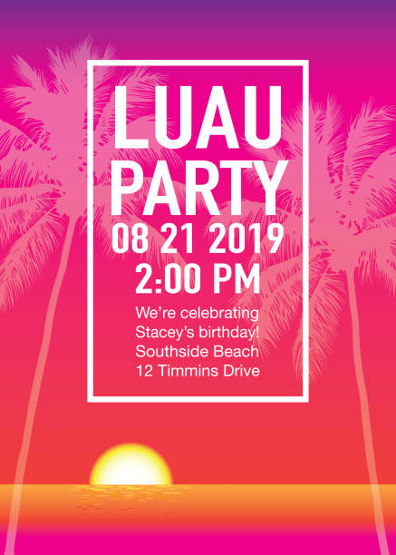 Luau Party Invitation with Sunset and Palm Trees Luau Party Invitation with Sunset and Palm Trees luau stock illustrations