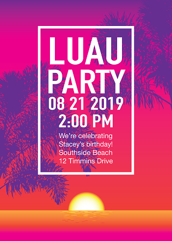 Luau Party Invitation with Sunset and Palm Trees