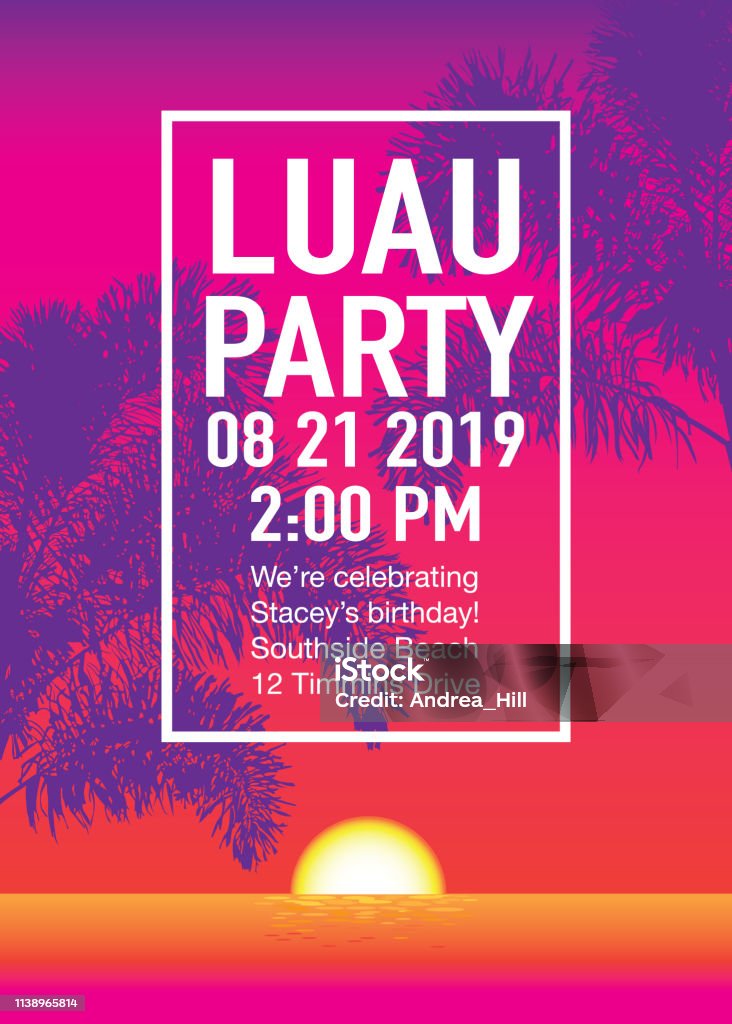 Luau Party Invitation with Sunset and Palm Trees Party - Social Event stock vector
