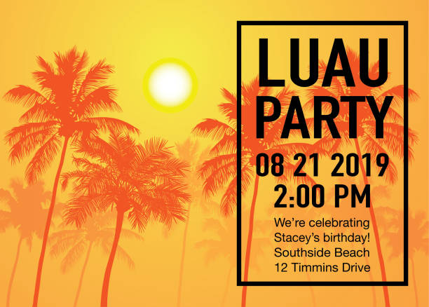 Luau Party Invitation with Sunset and Palm Trees vector art illustration