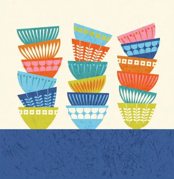 Vector illustration of Stacked colorful kitchen bowls with mid century modern designs.