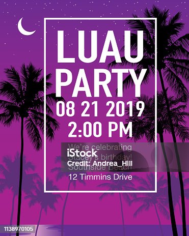 istock Luau Party Invitation with Sunset and Palm Trees 1138970105