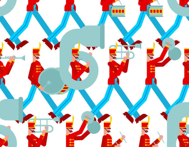 istock Military band pattern seamless. Soldiers with musical instruments. enlisted man and drum and trombone. 1138975462