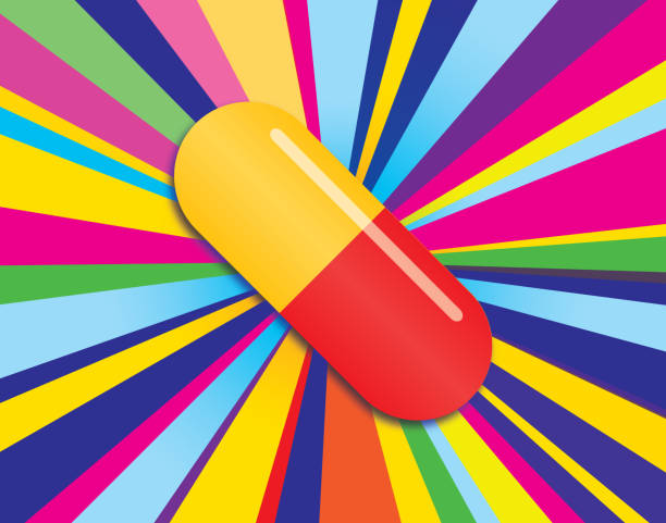 illustrazioni stock, clip art, cartoni animati e icone di tendenza di pillola sfondo scoppio psichedelico - pill purple capsule vitamin pill