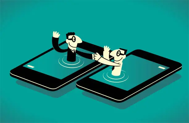 Vector illustration of Two businessmen from smart phone giving a handshake to each another