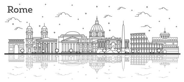 ilustraciones, imágenes clip art, dibujos animados e iconos de stock de delinea roma ciudad de italia skyline con edificios históricos y reflexiones aisladas en blanco. - roma