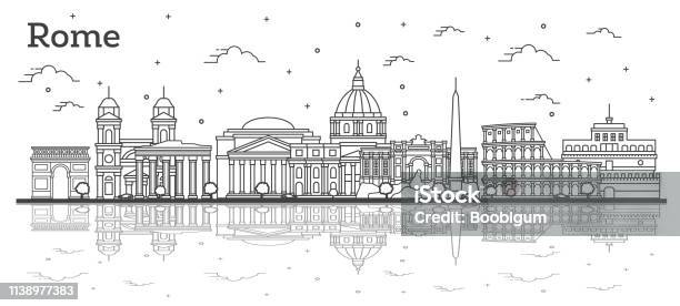 역사적인 건물과 흰색 절연 반사와 로마 이탈리아 도시의 스카이 라인을 개요 로마-이탈리아에 대한 스톡 벡터 아트 및 기타 이미지 - 로마-이탈리아, 스카이라인, 외형선