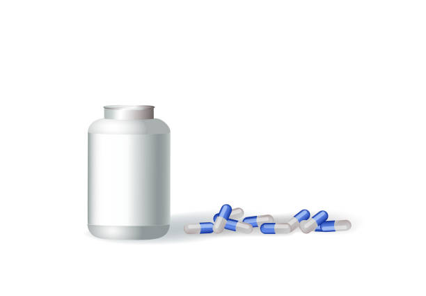 istock Capsule pills pouring out of white blank bottle in realistic style. vector illustration 1138977606