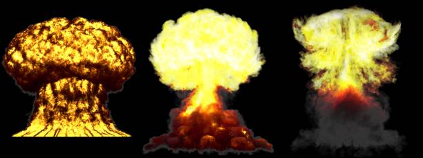 istock 3D illustration of explosion - 3 large high detailed different phases mushroom cloud explosion of atom bomb with smoke and fire isolated on black 1138979807
