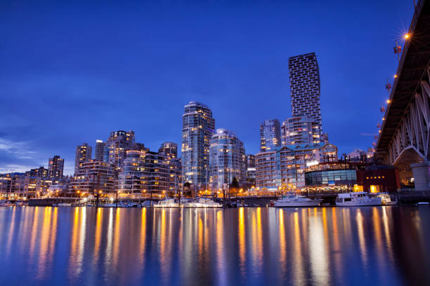 False Creek at night in spring, Vancouver, Canada False Creek in blue hour in Spring, long exposure, taken from Granville Island. vancouver at night stock pictures, royalty-free photos & images