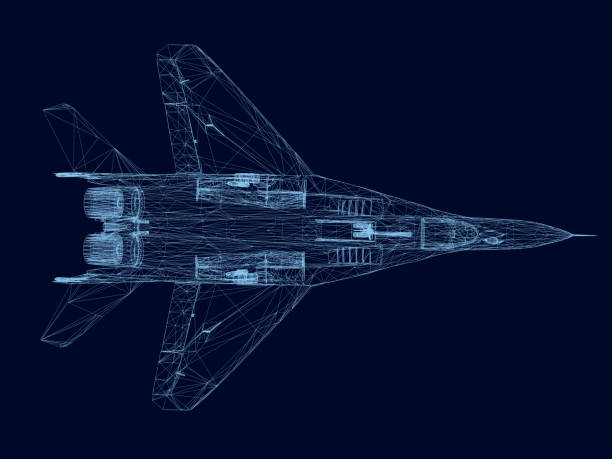 istock Wireframe of a fighter of blue lines on a dark background. View from above. 3D. Vector illustration 1138987219