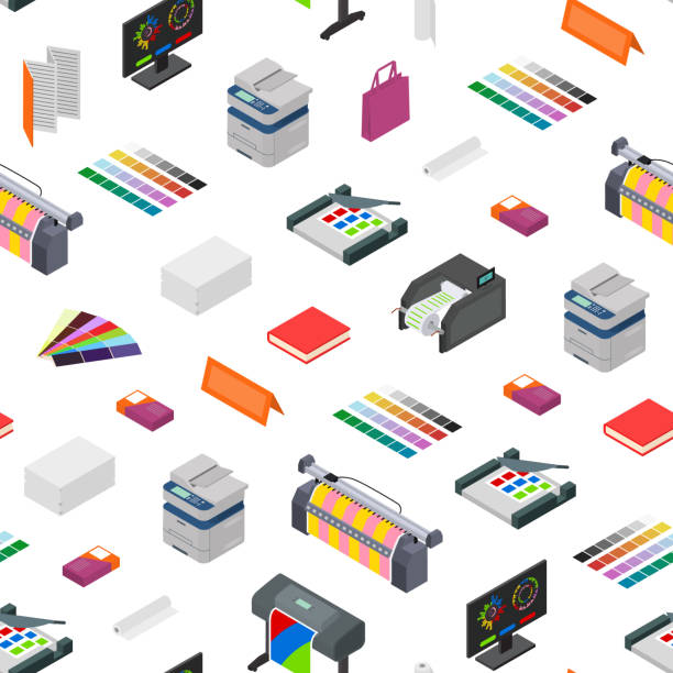 Printing Signs 3d Seamless Pattern Background Isometric View. Vector Printing Signs 3d Seamless Pattern Background on a White Isometric View Include of Paper, Printer, Paint, Palette and Computer. Vector illustration of Icon printout stock illustrations